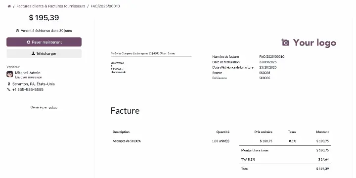 Facture Odoo avec DHAC